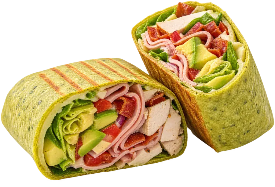 Gokéla wrap, sliced in half, packed with fresh veggies